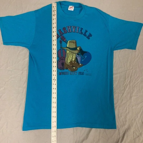 Vintage Jerzees Nashville Music City USA T-Shirt Blue Made in USA Large 50/50 - Picture 5 of 12